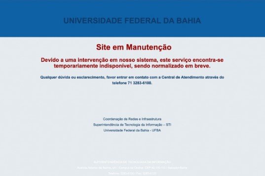 Página da Ufba está em manutenção Crédito: Captura de tela