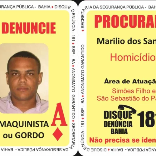 “Maquinista” era o Ás de Ouros” do Baralho do Crime da SSP e autor do assassinato de Mãe Bernadete

Foto: Divulgação SSP-BA